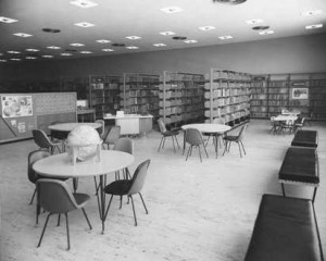 Reference area, looking south to the adult reading room, 1954