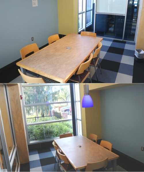 2 images of the study room showing a table and 6 chairs