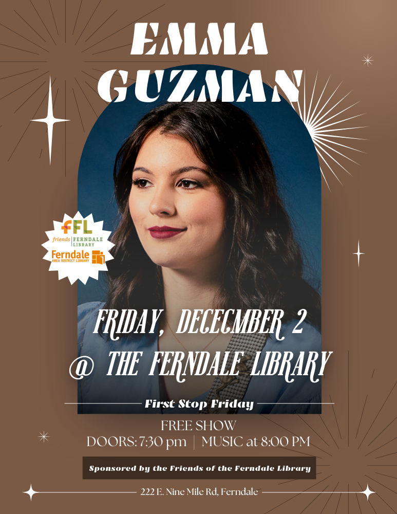 Flyer for December 2022 First Stop Friday Concert featuring Emma Guzman